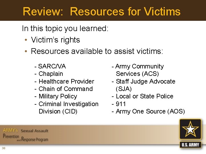 Review: Resources for Victims In this topic you learned: • Victim’s rights • Resources