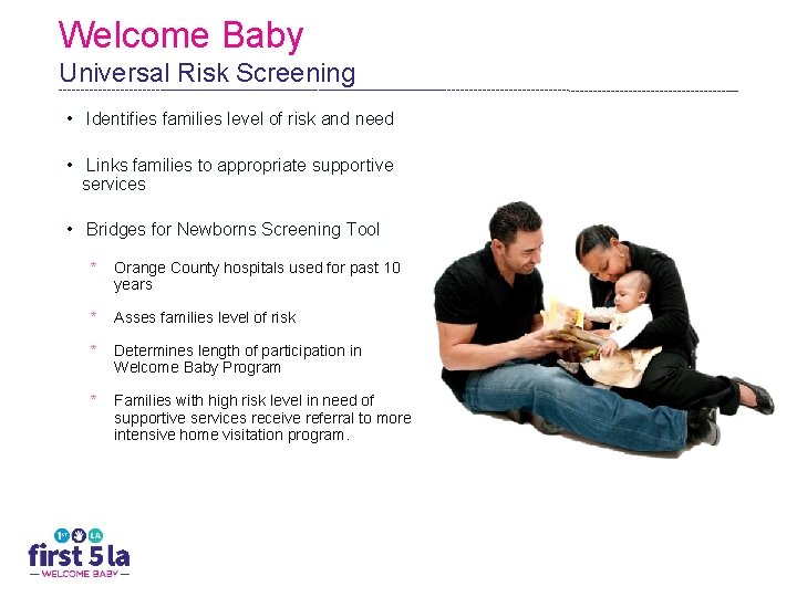 Welcome Baby Universal Risk Screening • Identifies families level of risk and need •