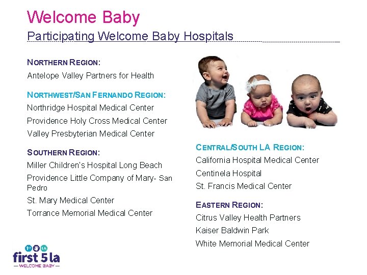 Welcome Baby Participating Welcome Baby Hospitals NORTHERN REGION: Antelope Valley Partners for Health NORTHWEST/SAN