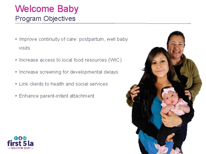 Welcome Baby Program Objectives • Improve continuity of care: postpartum, well baby visits •