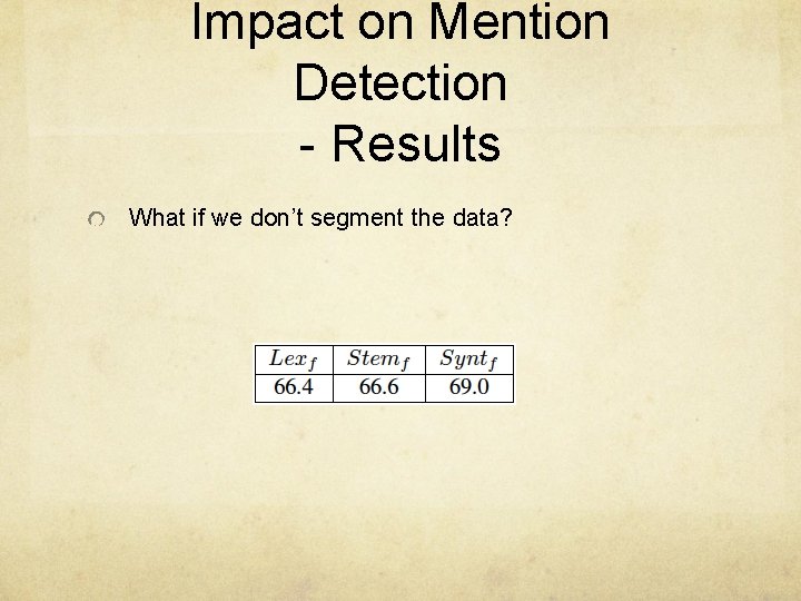 Impact on Mention Detection - Results What if we don’t segment the data? 