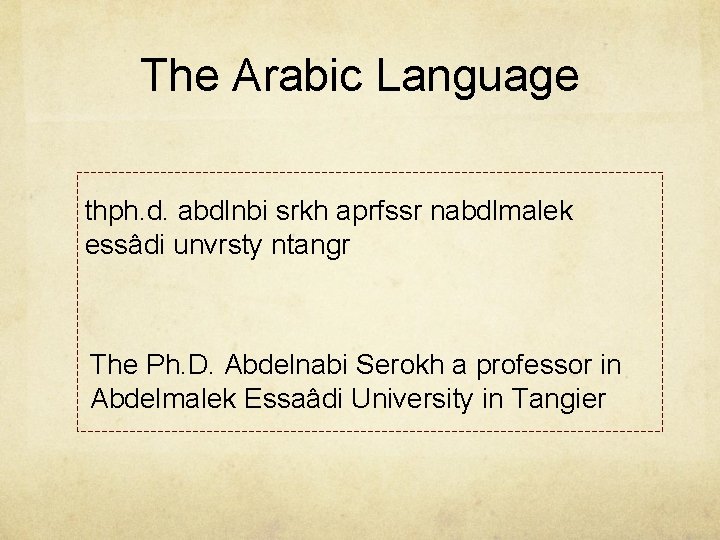 The Arabic Language thph. d. abdlnbi srkh aprfssr nabdlmalek essâdi unvrsty ntangr The Ph.