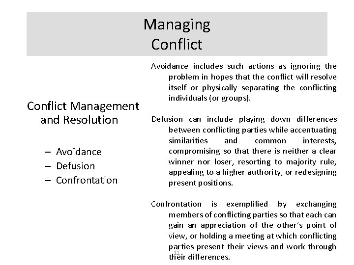Managing Conflict Management and Resolution – Avoidance – Defusion – Confrontation Avoidance includes such