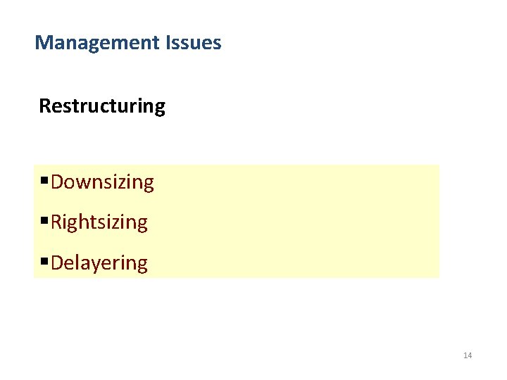 Management Issues Restructuring §Downsizing §Rightsizing §Delayering 14 