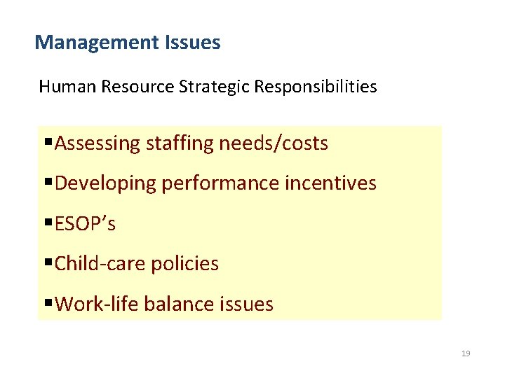 Management Issues Human Resource Strategic Responsibilities §Assessing staffing needs/costs §Developing performance incentives §ESOP’s §Child-care
