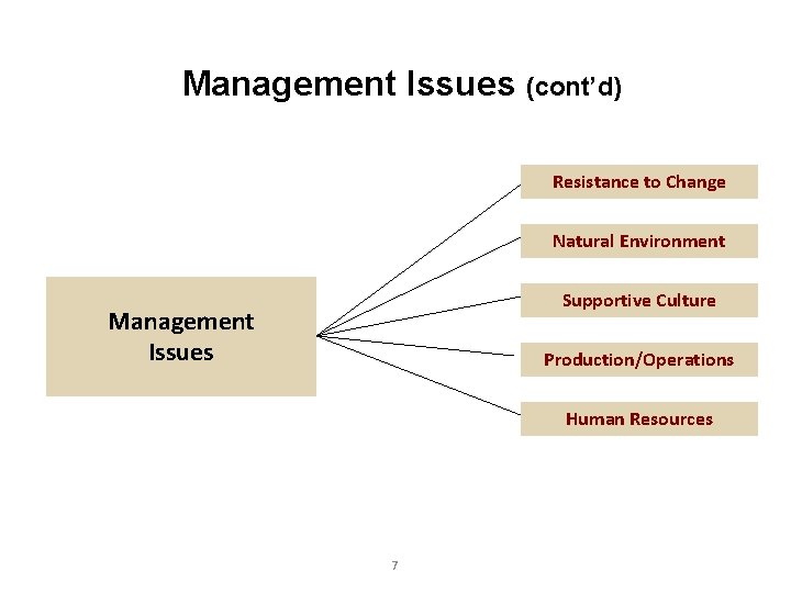Management Issues (cont’d) Resistance to Change Natural Environment Supportive Culture Management Issues Production/Operations Human