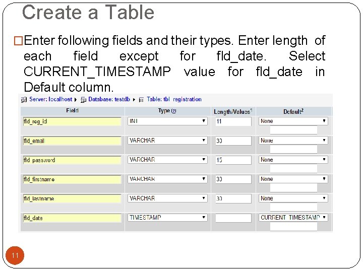 Create a Table �Enter following fields and their types. Enter length of each field Create a Table �Enter following fields and their types. Enter length of each field