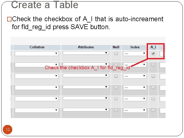 Create a Table �Check the checkbox of A_I that is auto-increament for fld_reg_id press Create a Table �Check the checkbox of A_I that is auto-increament for fld_reg_id press