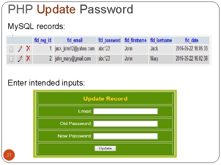 PHP Update Password My. SQL records: Enter intended inputs: 27 PHP Update Password My. SQL records: Enter intended inputs: 27