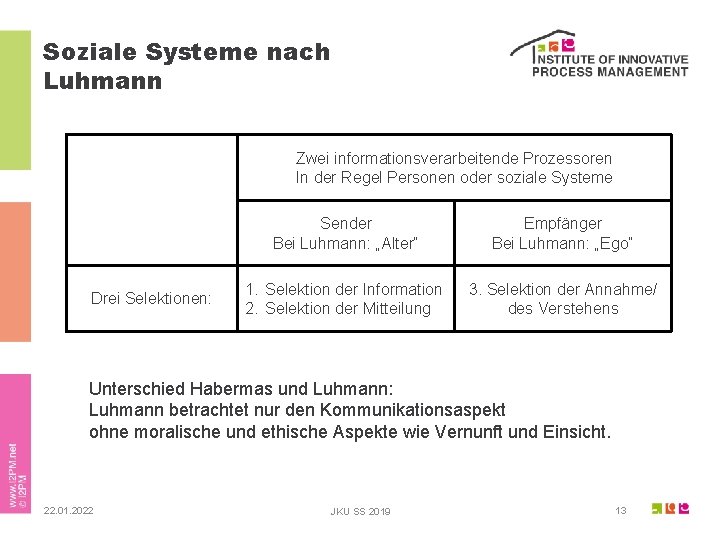 Soziale Systeme nach Luhmann Zwei informationsverarbeitende Prozessoren In der Regel Personen oder soziale Systeme
