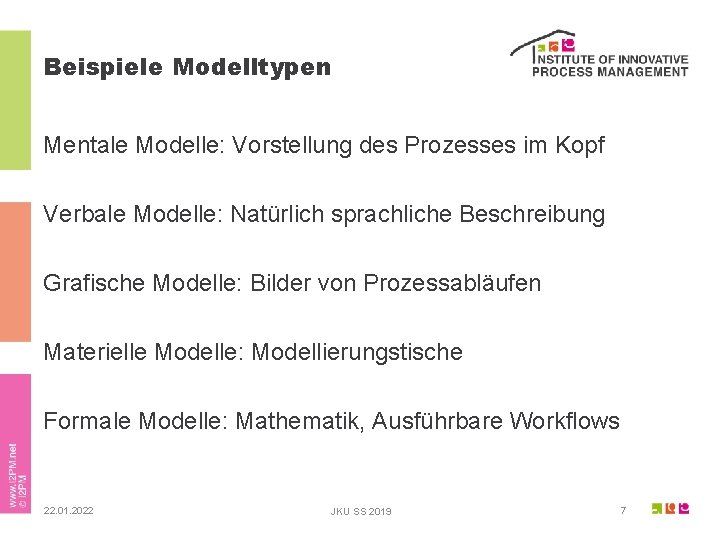 Beispiele Modelltypen Mentale Modelle: Vorstellung des Prozesses im Kopf Verbale Modelle: Natürlich sprachliche Beschreibung