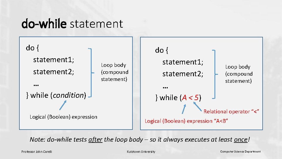 do-while statement do { statement 1; statement 2; … } while (condition) Logical (Boolean)