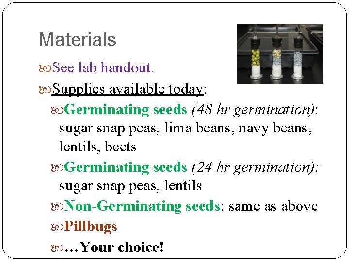 Materials See lab handout. Supplies available today: Germinating seeds (48 hr germination): sugar snap