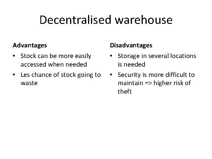 Decentralised warehouse Advantages Disadvantages • Stock can be more easily accessed when needed •