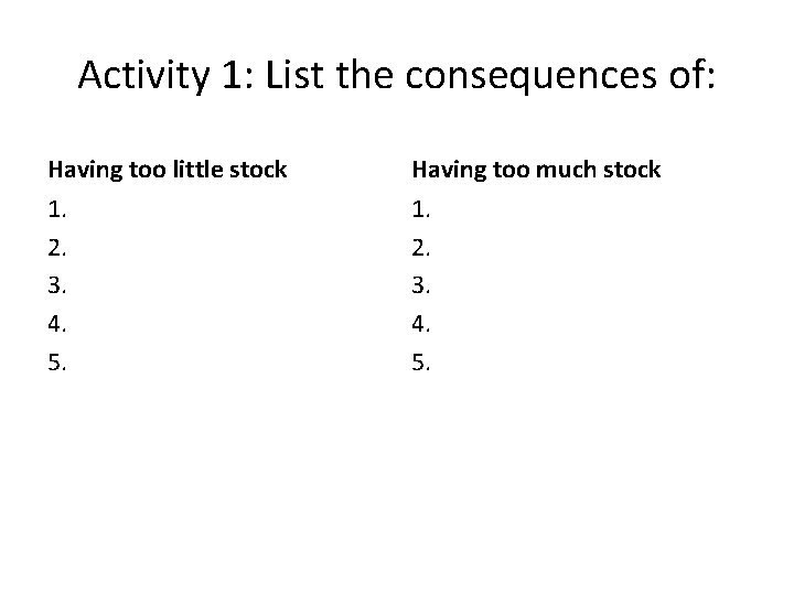 Activity 1: List the consequences of: Having too little stock Having too much stock