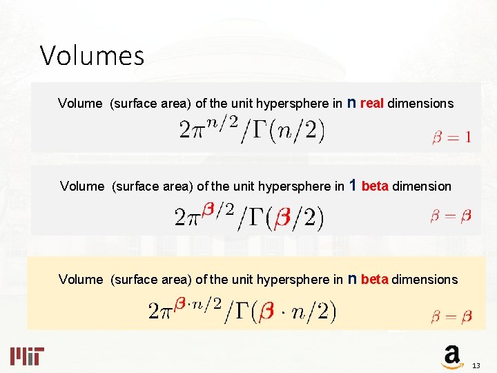 Volumes Volume (surface area) of the unit hypersphere in n real dimensions Volume (surface