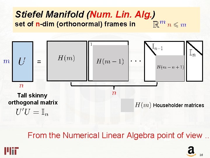 Stiefel Manifold (Num. Lin. Alg. ) set of n-dim (orthonormal) frames in = Tall