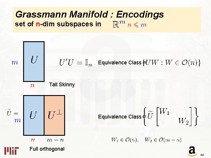 Grassmann Manifold : Encodings set of n-dim subspaces in Equivalence Class = Tall Skinny