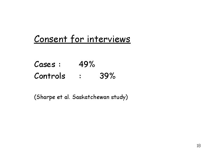 Consent for interviews Cases : Controls 49% : 39% (Sharpe et al. Saskatchewan study)