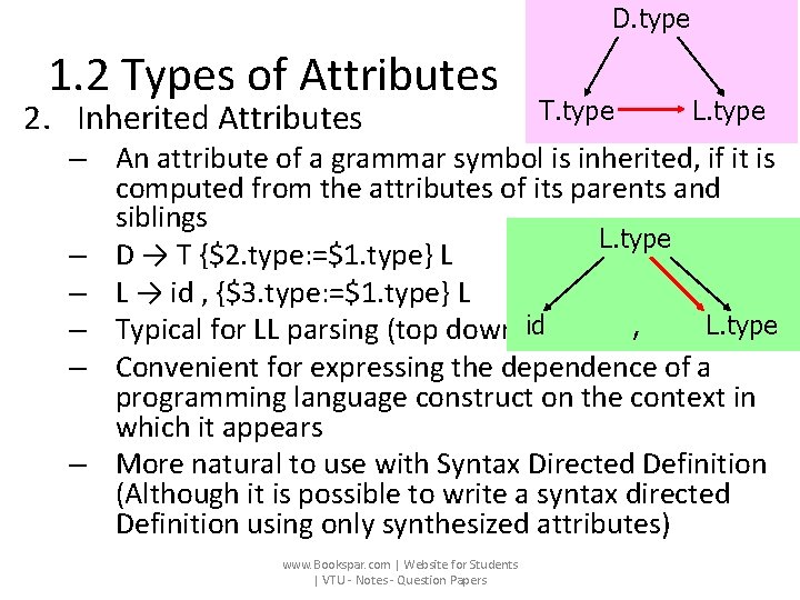 D. type 1. 2 Types of Attributes 2. Inherited Attributes T. type L. type