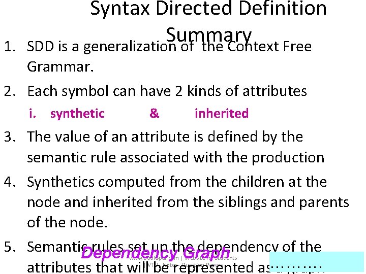 1. Syntax Directed Definition Summary SDD is a generalization of the Context Free Grammar.