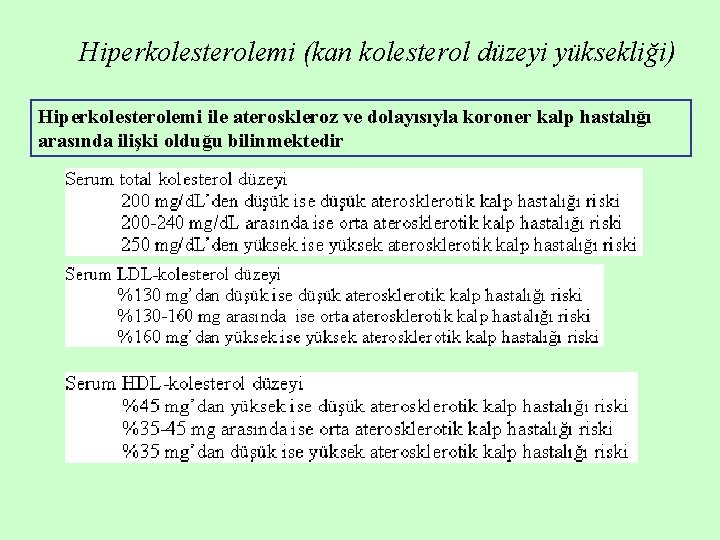 Hiperkolesterolemi (kan kolesterol düzeyi yüksekliği) Hiperkolesterolemi ile ateroskleroz ve dolayısıyla koroner kalp hastalığı arasında