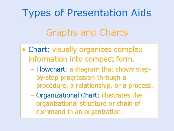 Types of Presentation Aids Graphs and Charts • Chart: visually organizes complex information into