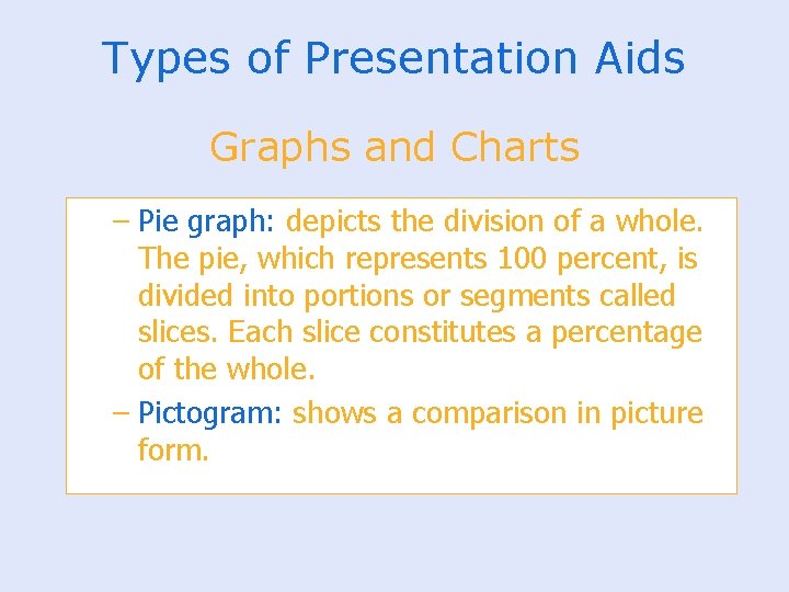 Types of Presentation Aids Graphs and Charts – Pie graph: depicts the division of