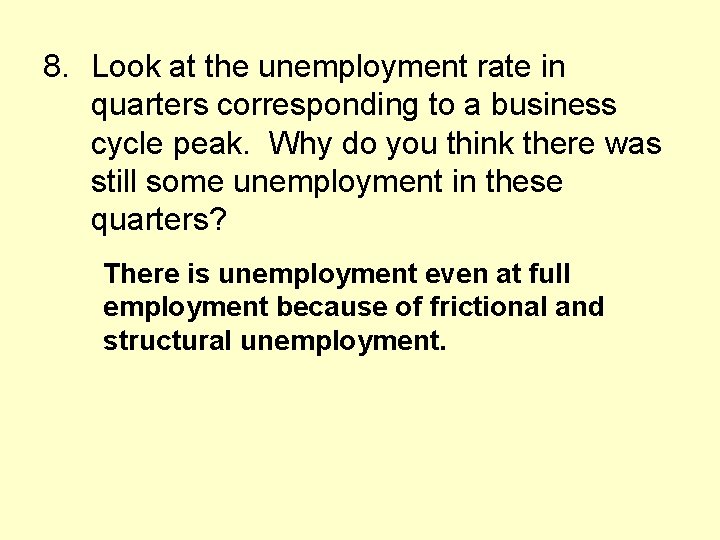 8. Look at the unemployment rate in quarters corresponding to a business cycle peak.
