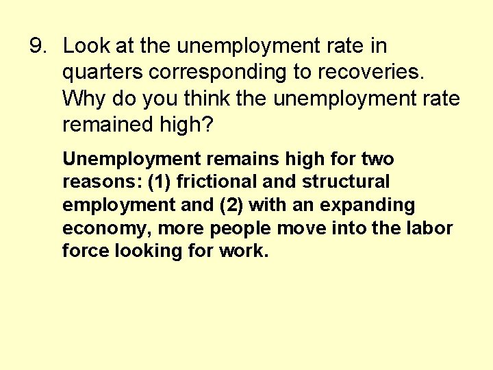 9. Look at the unemployment rate in quarters corresponding to recoveries. Why do you