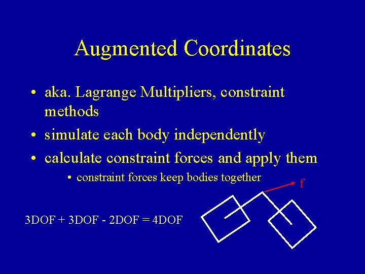 Augmented Coordinates • aka. Lagrange Multipliers, constraint methods • simulate each body independently •