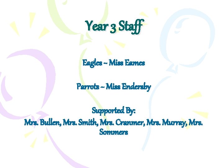 Year 3 Staff Eagles ~ Miss Eames Parrots ~ Miss Endersby Supported By: Mrs.