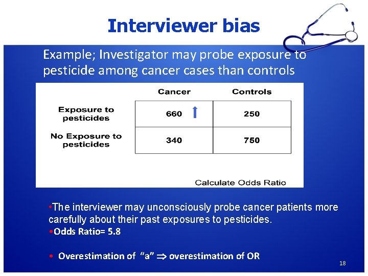 Interviewer bias Example; Investigator may probe exposure to pesticide among cancer cases than controls