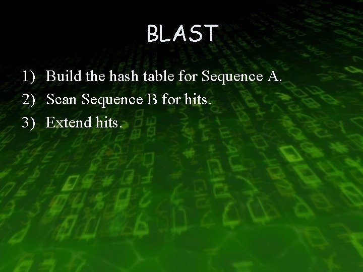 BLAST 1) Build the hash table for Sequence A. 2) Scan Sequence B for