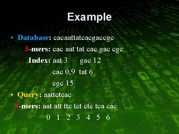 Example • Database: cacaattatcacgaccgc 3 -mers: cac aat tat cac gac cgc Index: aat