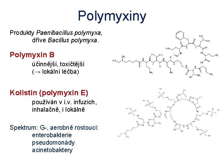 Polymyxiny Produkty Paenibacillus polymyxa, dříve Bacillus polymyxa. Polymyxin B účinnější, toxičtější (→ lokální léčba)