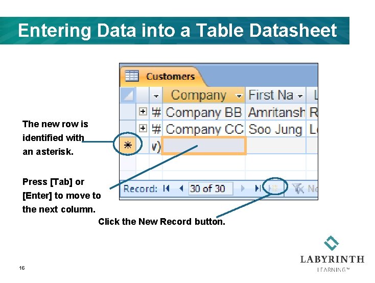 Entering Data into a Table Datasheet The new row is identified with an asterisk.