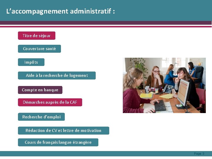 L’accompagnement administratif : Titre de séjour Couverture santé Impôts Aide à la recherche de