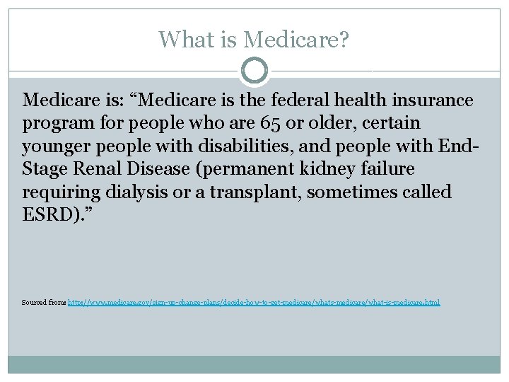 What is Medicare? Medicare is: “Medicare is the federal health insurance program for people