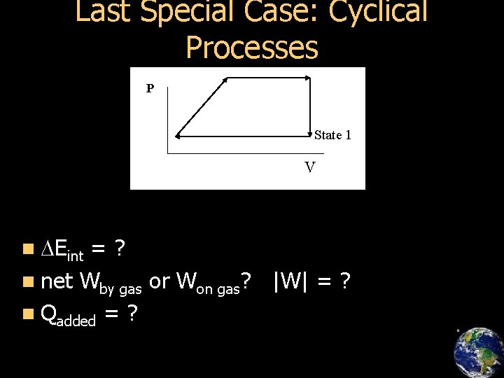 Last Special Case: Cyclical Processes P State 1 V n Eint =? n net