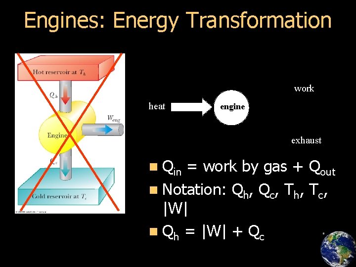 Engines: Energy Transformation work heat engine exhaust n Qin = work by gas +