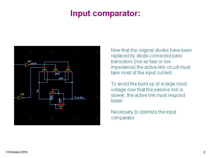 Input comparator: Now that the original diodes have been replaced by diode-connected pass transistors