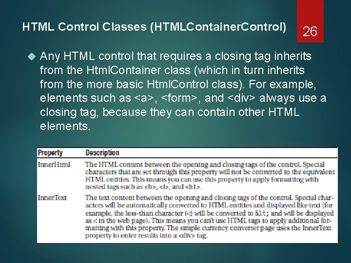 HTML Control Classes (HTMLContainer. Control) 26 Any HTML control that requires a closing tag