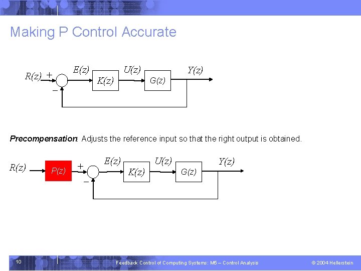 Making P Control Accurate E(z) R(z) + - U(z) K(z) Y(z) G(z) Precompensation: Adjusts