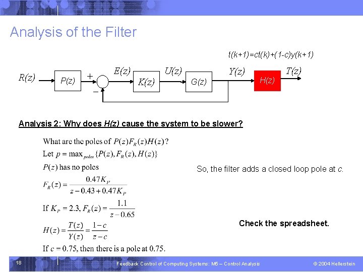 Analysis of the Filter t(k+1)=ct(k)+(1 -c)y(k+1) R(z) P(z) E(z) + - K(z) U(z) Y(z)
