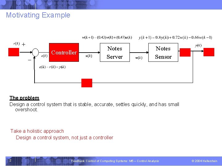 Motivating Example + - Controller Notes Server Notes Sensor The problem Design a control