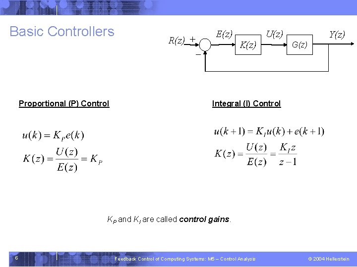 Basic Controllers E(z) R(z) + - Proportional (P) Control K(z) U(z) Y(z) G(z) Integral