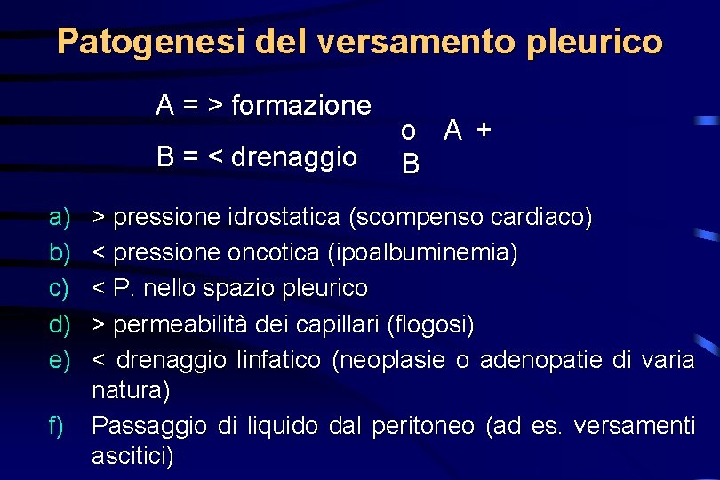 Patogenesi del versamento pleurico A = > formazione B = < drenaggio a) b)