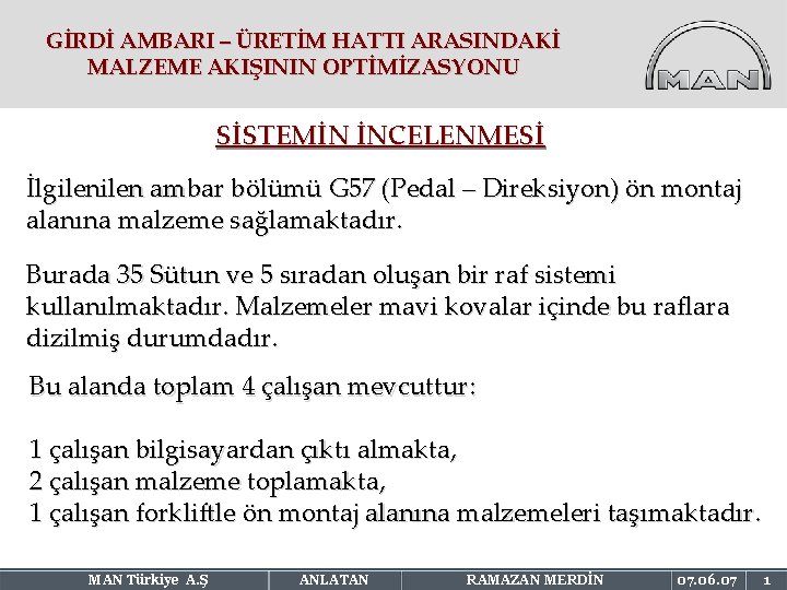 GİRDİ AMBARI – ÜRETİM HATTI ARASINDAKİ MALZEME AKIŞININ OPTİMİZASYONU SİSTEMİN İNCELENMESİ İlgilen ambar bölümü