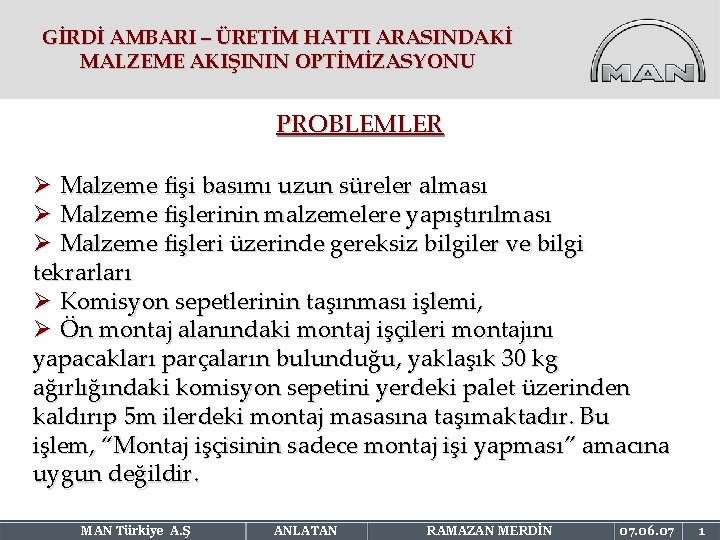 GİRDİ AMBARI – ÜRETİM HATTI ARASINDAKİ MALZEME AKIŞININ OPTİMİZASYONU PROBLEMLER Ø Malzeme fişi basımı